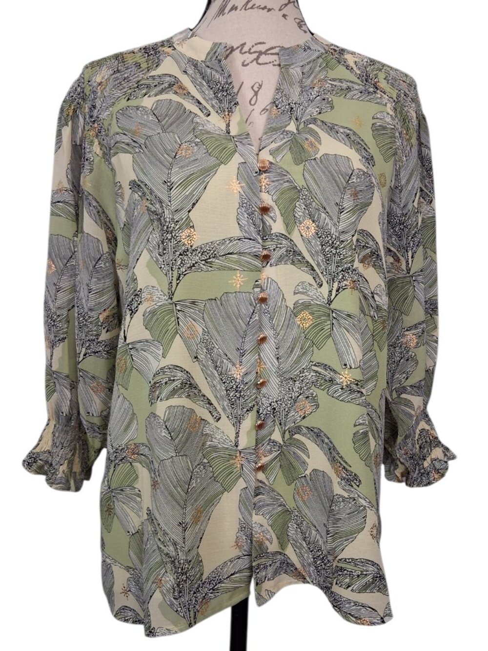 JADE | Green Print Chiffon Blouse Gold Buttons & Accent | Size M